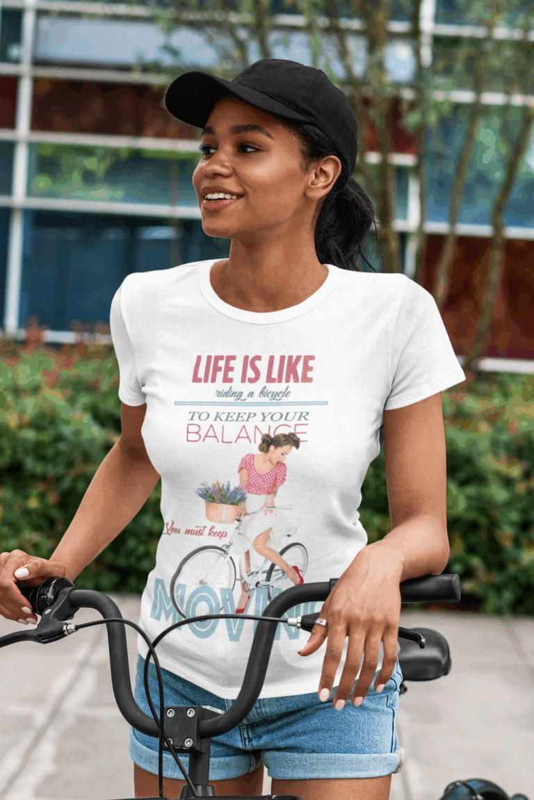 t shirt mockup of a smiling woman riding a bike 5186 el1